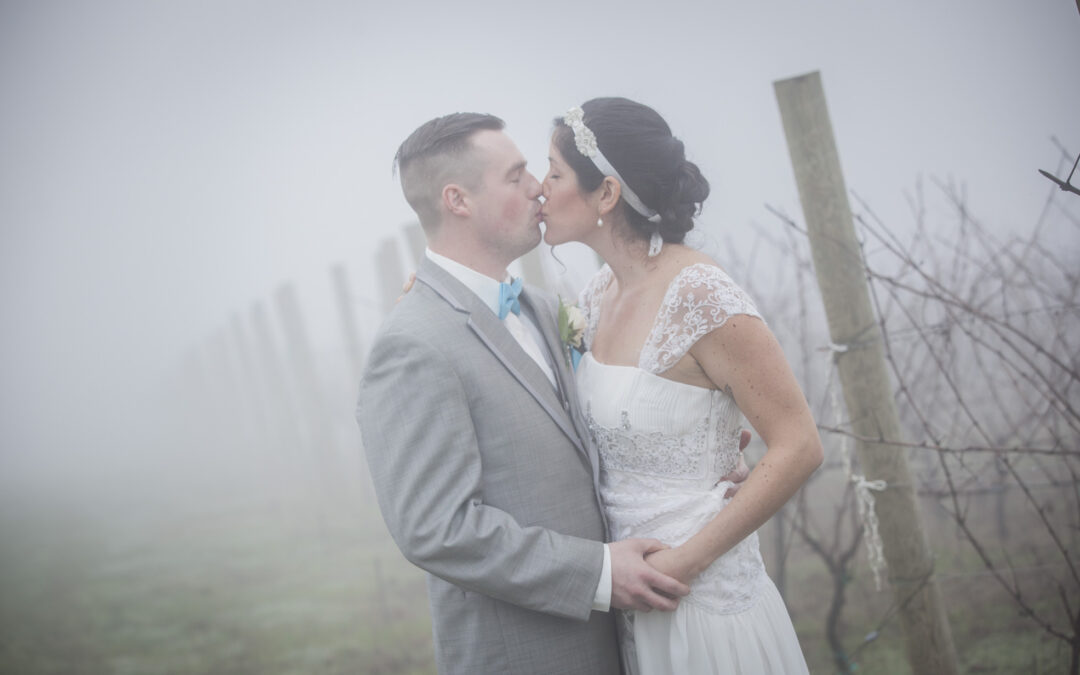bride and groom kiss in vineyard in heavy mist