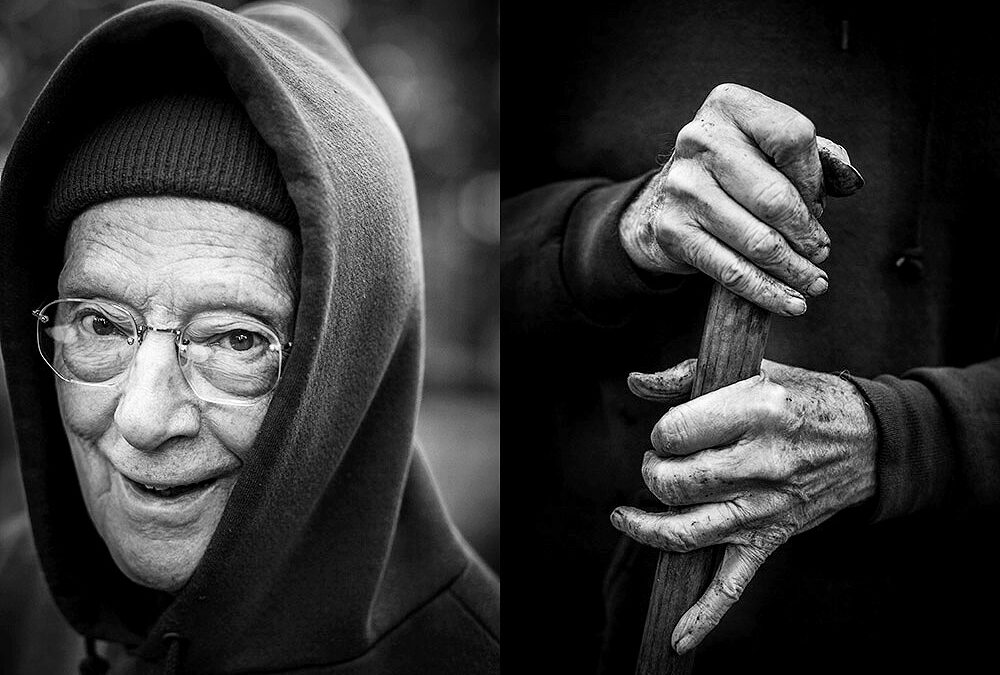 black and white diptych showing smiling elderly man and his hands on a shovel handle