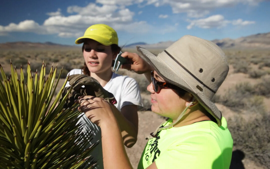 two young women measure desert plant doing research